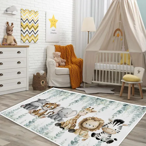 Miniatura 2 de HawSkgFub Alfombra de área de juegos de animales de selva africana para niños y niñas pequeños, elefante, jirafa, león, cebra, antideslizante, Safari