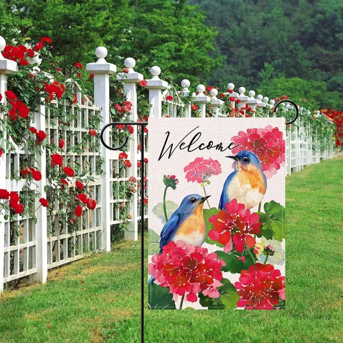 Miniatura 6 de Artofy Bandera decorativa pequeña de jardín con flores de geranio para primavera y verano, decoración exterior de arpillera de temporada, decoración