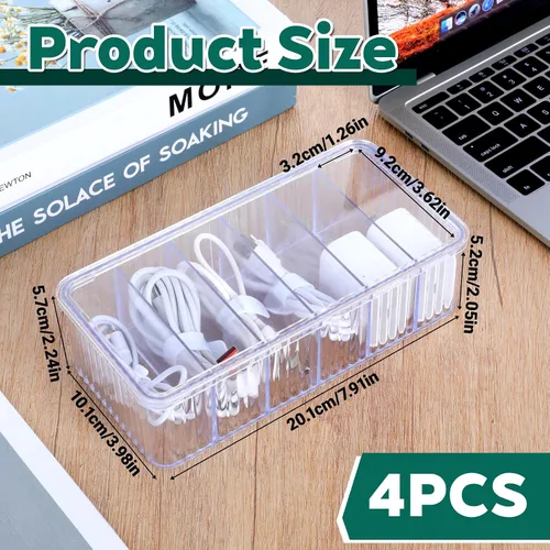 Miniatura 3 de Paquete de 4 cajas organizadoras de cables transparentes con tapa, caja de almacenamiento de cables transparente, cajas organizadoras de alambre