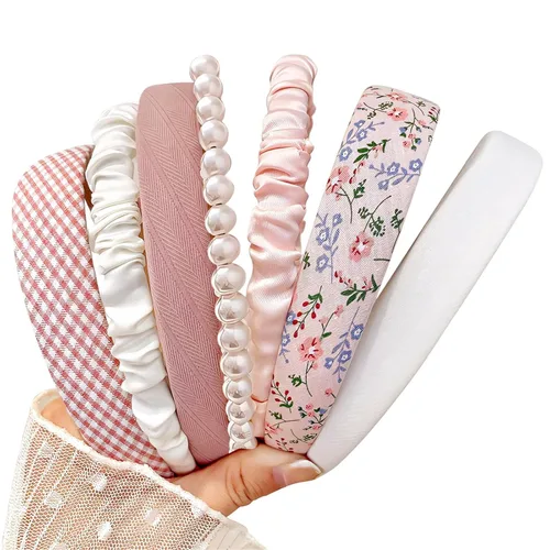 Miniatura 14 de Diademas de moda para mujeres y niñas, 5 piezas de diadema de perlas, diademas florales acolchadas para mujeres, diadema ancha vintage (verde)