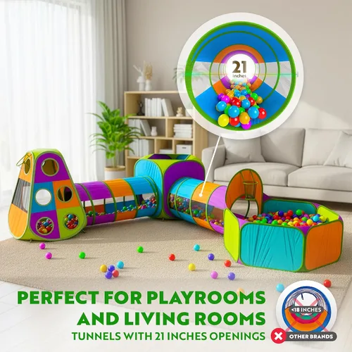 Miniatura 4 de Playz Tienda de campaña desplegable de 5 piezas para niños, túnel de gateo y pozo de pelotas con aro de baloncesto para niños, niñas, bebés y niños