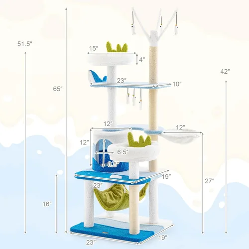 Miniatura 2 de PETSITE Árbol para gatos con temática oceánica para gatos de interior, torre para gatos de varios niveles con postes rascadores de sisal natural
