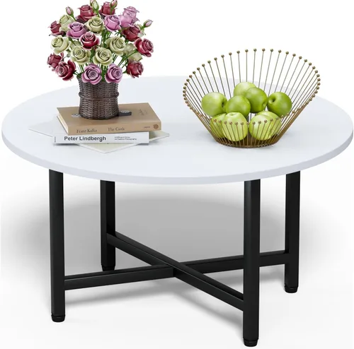 Miniatura 8 de Mesa de Café FAMIDGE, Mesas de Café de 23.6" para Sala de Estar, Mesa de Café Redonda con Marco de Metal, Mesa de Piso para Sentarse en el Suelo
