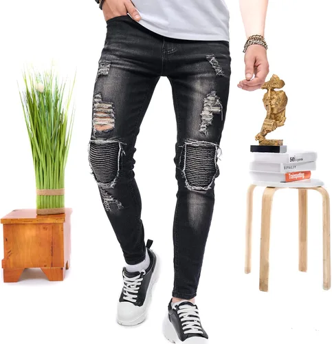 Jeans elásticos ajustados para hombre, jeans ajustados rasgados para hombre, desgastados de pierna recta, pantalones cómodos para hombre