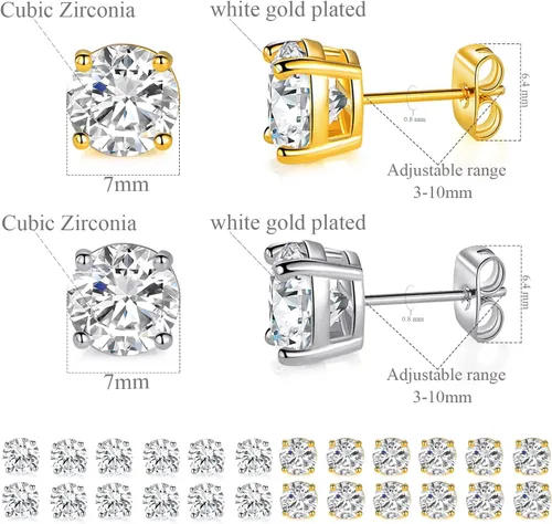 Miniatura 43 de Aretes de tuerca chapados en oro blanco de 18 quilates de 3 a 0.315 in con circonita cúbica redonda, paquete de 6 pares