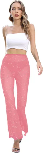 Miniatura 3 de Pantalones brillantes de malla transparente para mujer, acampanados, de cintura alta, acampanados, para fiestas y festivales de baile