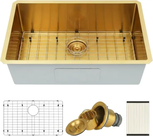 Fregadero de cocina dorado, fregadero de cocina empotrado de 30 x 18 pulgadas, fregadero de acero inoxidable calibre 16 Oro