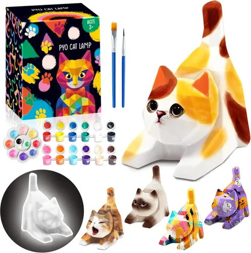 FUNZBO Kit de lámpara para pintar tu propio gato de 4.3 pulgadas, suministros de pintura para niños y adolescentes, juguete de luz nocturna para