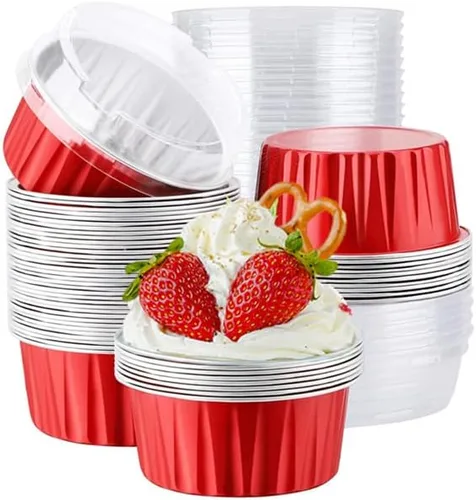 Miniatura 8 de Paquete de 100 tazas de papel de aluminio para hornear con tapas, tazas de postre de 5 onzas, moldes para magdalenas, moldes desechables para Oro