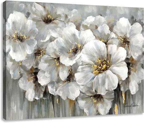 Miniatura 8 de Cuadro de flores para sala de estar, arte de pared floral azul y blanco sobre lienzo con detalles dorados para decoración de dormitorio gris, 32 x