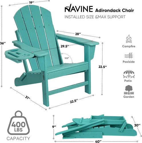Miniatura 3 de NAVINE Juego de 2 sillas Adirondack plegables de polietileno de alta densidad con portavasos multifuncional, resistente a la intemperie, para Azul