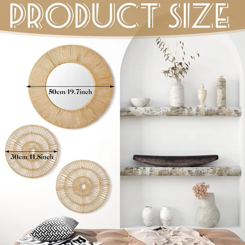 Miniatura 3 de Yerliker 3 piezas de espejo bohemio para decoración de pared, espejo redondo tejido de yute natural, espejos decorativos grandes de 19.7 pulgadas