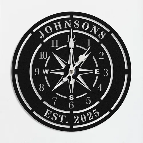 Reloj de pared personalizado con brújula, reloj de pared de hierro personalizado con texto único, decoración náutica vintage negra para sala de
