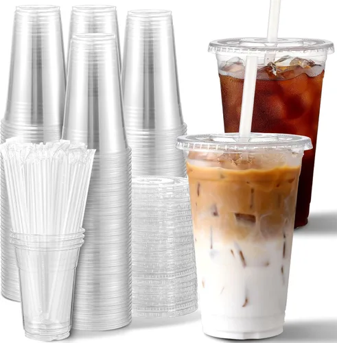 AOZITA [100 juegos] Vasos de plástico transparentes de 16 onzas con tapas y sorbetes, vasos desechables con tapas para café helado, batido, batido