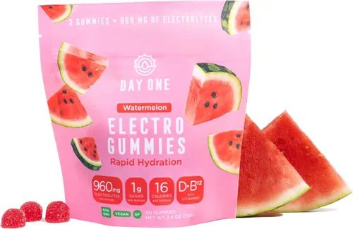 Miniatura 13 de Day One Electrogummies - 60 gomitas de electrolitos con sabor a frambuesa azul para hidratación y recuperación, repletas de electrolitos esenciales