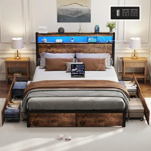 SADENICEL Base de cama de tamaño matrimonial con almacenamiento, plataforma de cama de madera LED con cabecero, 4 cajones, estación de carga, no