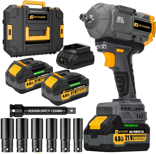 JEXUGK Llave de impacto de 1500Nm, pistola de impacto inalámbrica de 1/2" 1107ft-lbs con 2 baterías de 4.0Ah, controlador de impacto de alta torsión