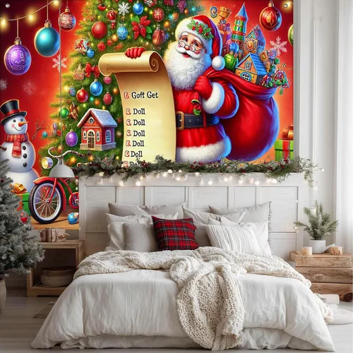 Miniatura 3 de HOMETITUTE Pancarta de Navidad de Papá Noel 8 x 6 pies Lista de Regalos Telón de Fondo Fiesta Navideña Fondo Árbol Muñeco de Nieve Bicicleta
