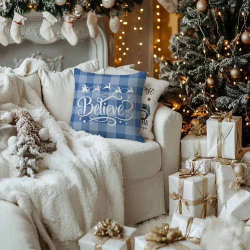 Miniatura 8 de GEEORY Fundas de Almohada Decorativas Feliz Navidad 16x16 Pulgadas Juego de 4, Árboles de Navidad Camión Cuadros Buffalo Azul Believe Estilo Granja