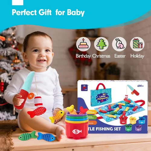 Miniatura 7 de hahaland Juguetes Montessori para niño de 1 año, regalo de cumpleaños, juego de pesca de tela 10 en 1, juguetes para niños pequeños con tazas