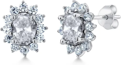 Miniatura 99 de Gem Stone King Aretes ovalados de plata de ley 925 de 0.276 x 0.197 in con piedra natal de la princesa Diana, estilo halo real para mujeres