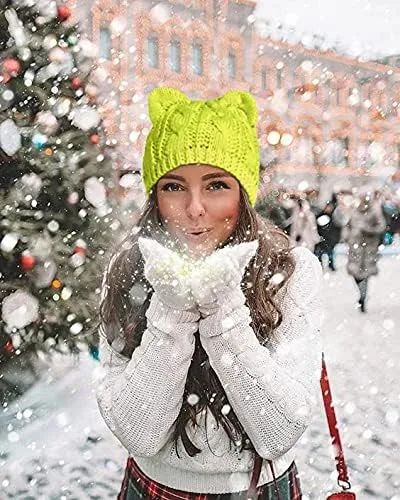 Miniatura 4 de v28 Gorro de punto con orejas de gato para mujeres, hombres, niñas, niños y adolescentes