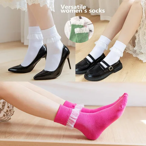 Miniatura 3 de SRYL YYS09 - Calcetines de tobillo para mujer, con encaje, con volantes, cómodos, de algodón, para mujer, niña, princesa