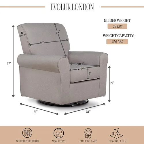 Miniatura 3 de Evolur London - Asiento giratorio tapizado de felpa, diseño ergonómico para guardería en fósil, montaje sin herramientas, fácil de limpiar