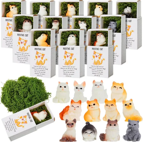 Cinnvoice 12 juegos de minifiguras de resina positivas para fiestas de gatos, con cajas de soporte, recuerdos de fiesta a granel para empleados,