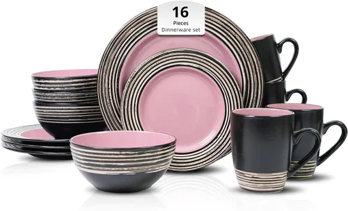 Juego de vajilla de 16 piezas, vajilla de cerámica de platos y cuencos para 4, apta para microondas y lavavajillas, juego de vajilla artesanal de la