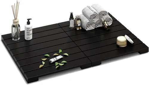 Miniatura 7 de Tapete de baño de bambú negro impermeable para ducha, plegable, antideslizante, resistente, tapete de baño de madera, tapete de piso y felpudo