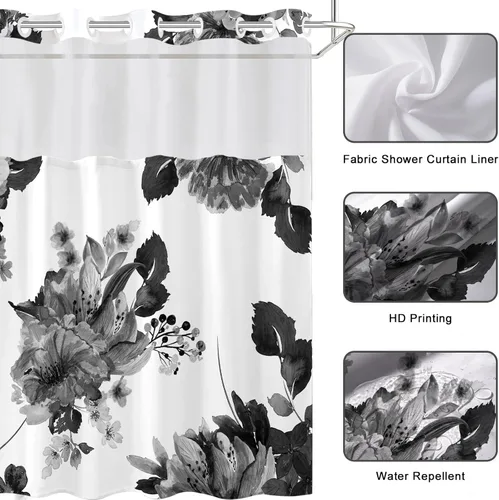 Miniatura 4 de Juego de cortina de ducha y forro sin gancho, cortinas de ducha florales negras para baño, juegos de cortinas de baño de hotel moderno con forro a