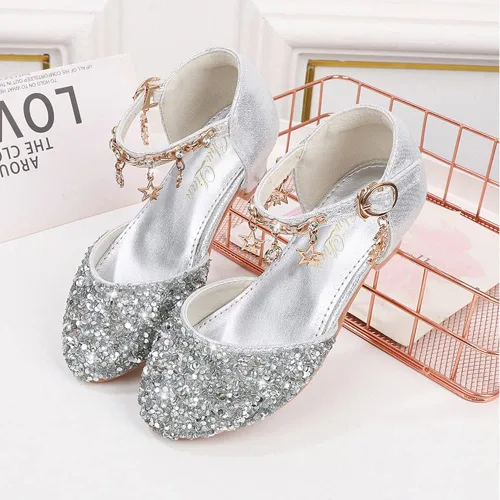 Miniatura 2 de ChuLian Sandalias para niñas con purpurina para niños, zapatos de vestir de tacón bajo con lentejuelas, sandalias de princesa para niñas pequeñas