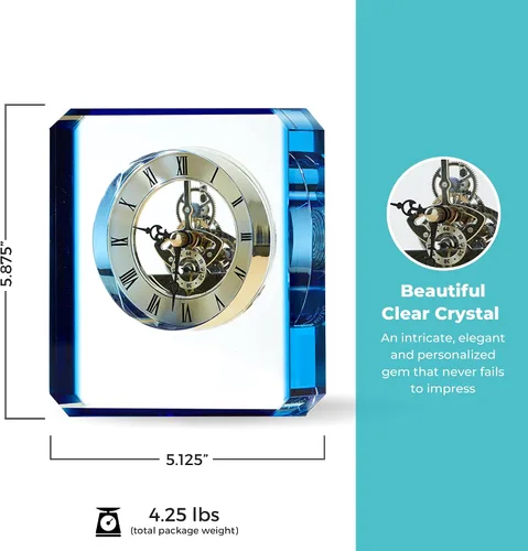 Miniatura 2 de Baudville Trofeo de reloj grabado, cristal transparente con acento azul, pieza de tiempo de inserción de plata, tres líneas personalizadas