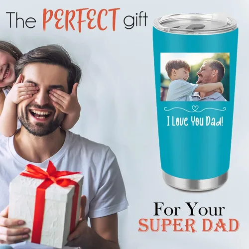 Miniatura 5 de Vaso de fotos personalizado con asa para papá, mamá, familias, taza de viaje de acero inoxidable con impresión de doble cara aislada, imagen