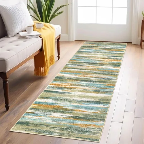 Alfombra de pasillo moderna Lansny 2 x 6 pulgadas, alfombra de cocina lavable verde mostaza multicolor, alfombra antideslizante suave para pasillo,