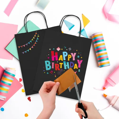 Miniatura 7 de MESHA Bolsas de regalo de papel kraft negro de 8 x 4.25 x 10.5 pulgadas con asas, paquete de 50 bolsas de compras recicladas reutilizables a granel