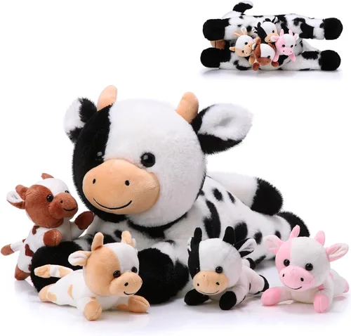 Miniatura 8 de Sumind 5 piezas de conjunto de animales de peluche de vaca de 13.78 pulgadas, mami vaca de peluche con 4 lindos becerros en su barriga, grandes