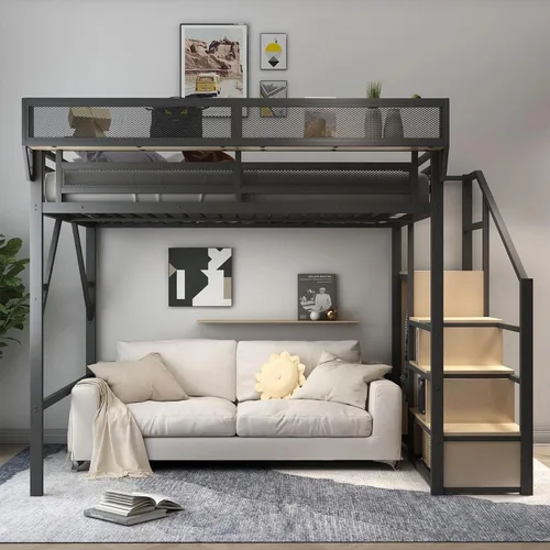 Miniatura 15 de Cama alta convertible de tamaño individual con escaleras de almacenamiento, estantes y armario, marco de cama de metal con barandilla de seguridad