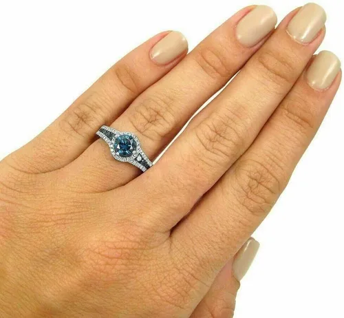 Miniatura 3 de Pritvi Jewels - Anillo de compromiso de compromiso con diamantes y topacio azul londinense de 14 quilates en oro blanco de plata de ley 925