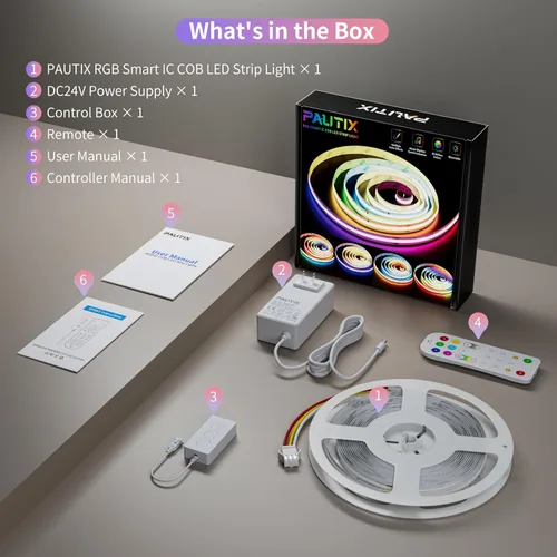 Miniatura 9 de PAUTIX Tira de luces LED RGB Smart IC COB, 6.56 pies/6.6 ft direccionable con certificación UL de 24 V, cinta flexible de color multicolor, funciona