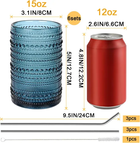 Miniatura 2 de Blue Hobnail - Juego de 6 vasos de vidrio vintage transparente de 15 onzas, vasos altos de vidrio azul vintage para jugo, cerveza, cóctel, leche