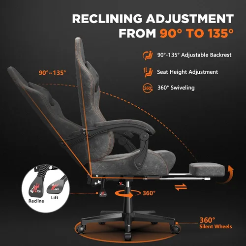 Miniatura 8 de Ferghana Silla vintage de piel sintética para videojuegos, silla de jugador con respaldo alto con masaje, silla ergonómica de oficina para Gris Acero