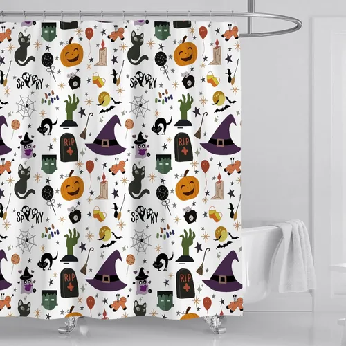 Miniatura 2 de Juego de 4 cortinas de ducha de Halloween, espeluznante cortina de ducha de gato negro con calabaza para decoración de baño de Halloween