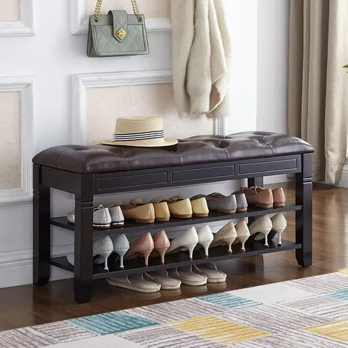 Miniatura 12 de Banco de almacenamiento de zapatos con cojín, banco de entrada con banco de almacenamiento de madera maciza para zapatos, ideal para entrada, sala