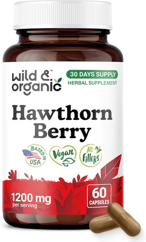 Wild & Organic Cápsulas de bayas de espino de 1200 mg - Soporte general - Suplemento de bayas de Hawthorne - Polvo de fruta Crataegus Monogyna - 30