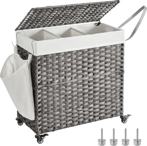 Miniatura 12 de SONGMICS Cesta de lavandería con tapa, 42.3 galones (160 L), cesta de lavandería con ruedas, ratán sintético de 3 secciones, forro extraíble, Gris