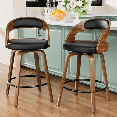 Miniatura 28 de YaFiti Taburetes de bar, taburetes de bar de 26 pulgadas de altura de mostrador con patas de madera curvada, taburetes giratorios con respaldo