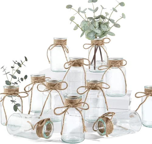 Jarrones de cristal para centros de mesa, 12 piezas de florero transparente vintage pequeño para flores, mini botella decorativa de cristal con