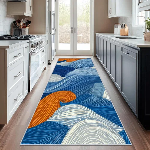 Miniatura 10 de Blue Fluid Line Runner Rug 2x4 Small - Hallway Runner Rug Ocean Wave Abstract Art Pattern, Non Slip, Washable, Blue Fluid Line Home Decor Carpet for